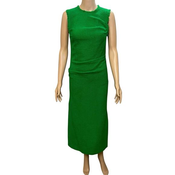 Zara Tweed Ruched Midi Dress Small Green Frayed Preppy Classic Straight Fitted - Picture 1 of 10